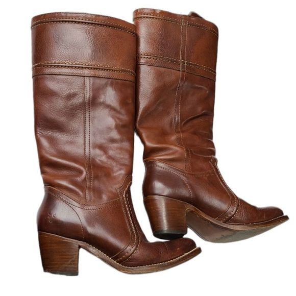 Frye Jane White Stitch Leather Heeled Boots Size 8 - Picture 5 of 12